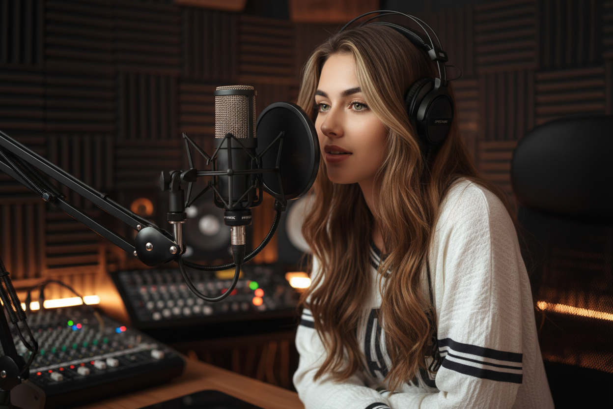 Bulma con micrófono FIFINE en estudio - versión consistente